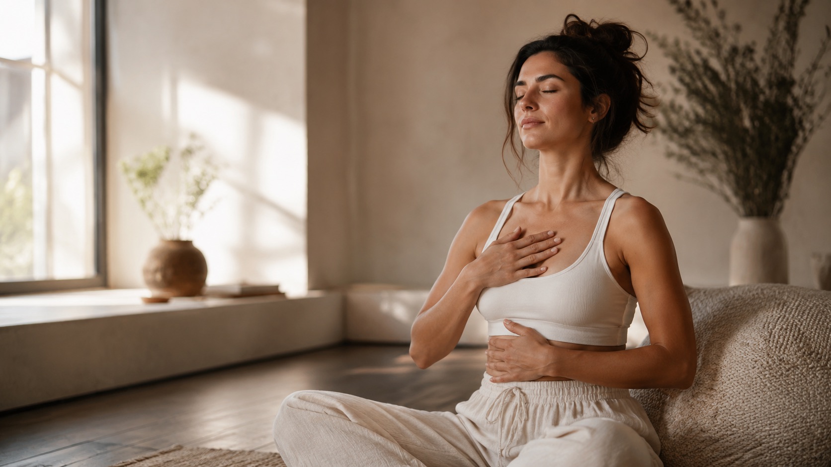 Woman practicing calming breathwork for anxiety and overthinking in Miami