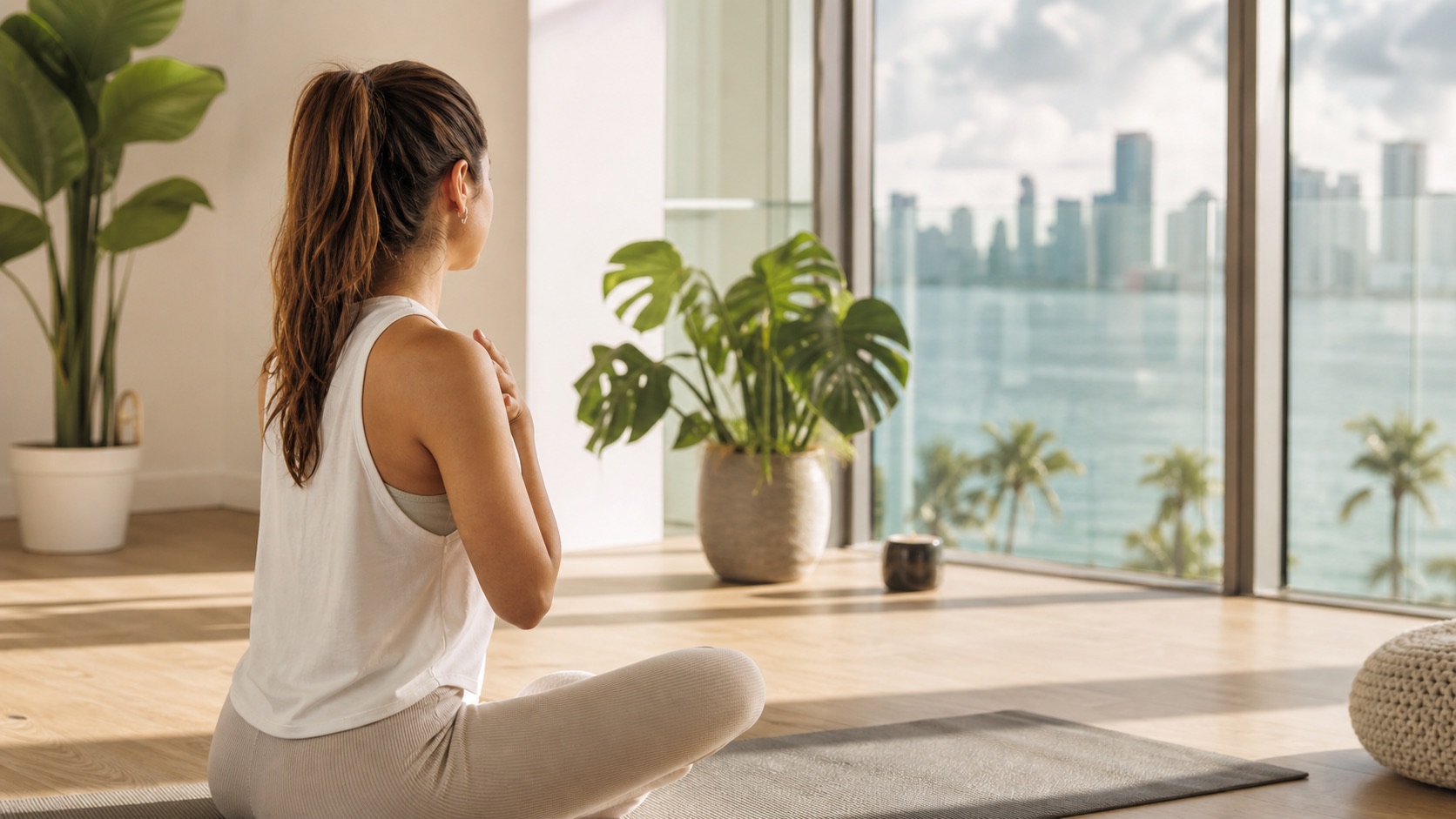 Woman beginning a gentle breathwork practice in a calm Miami studio overlooking Biscayne Bay