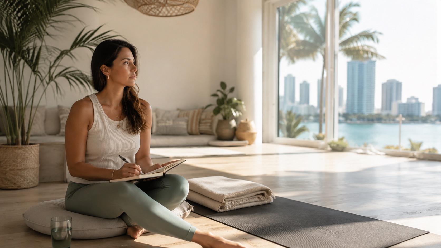 Woman journaling before a guided breathwork session near Miami