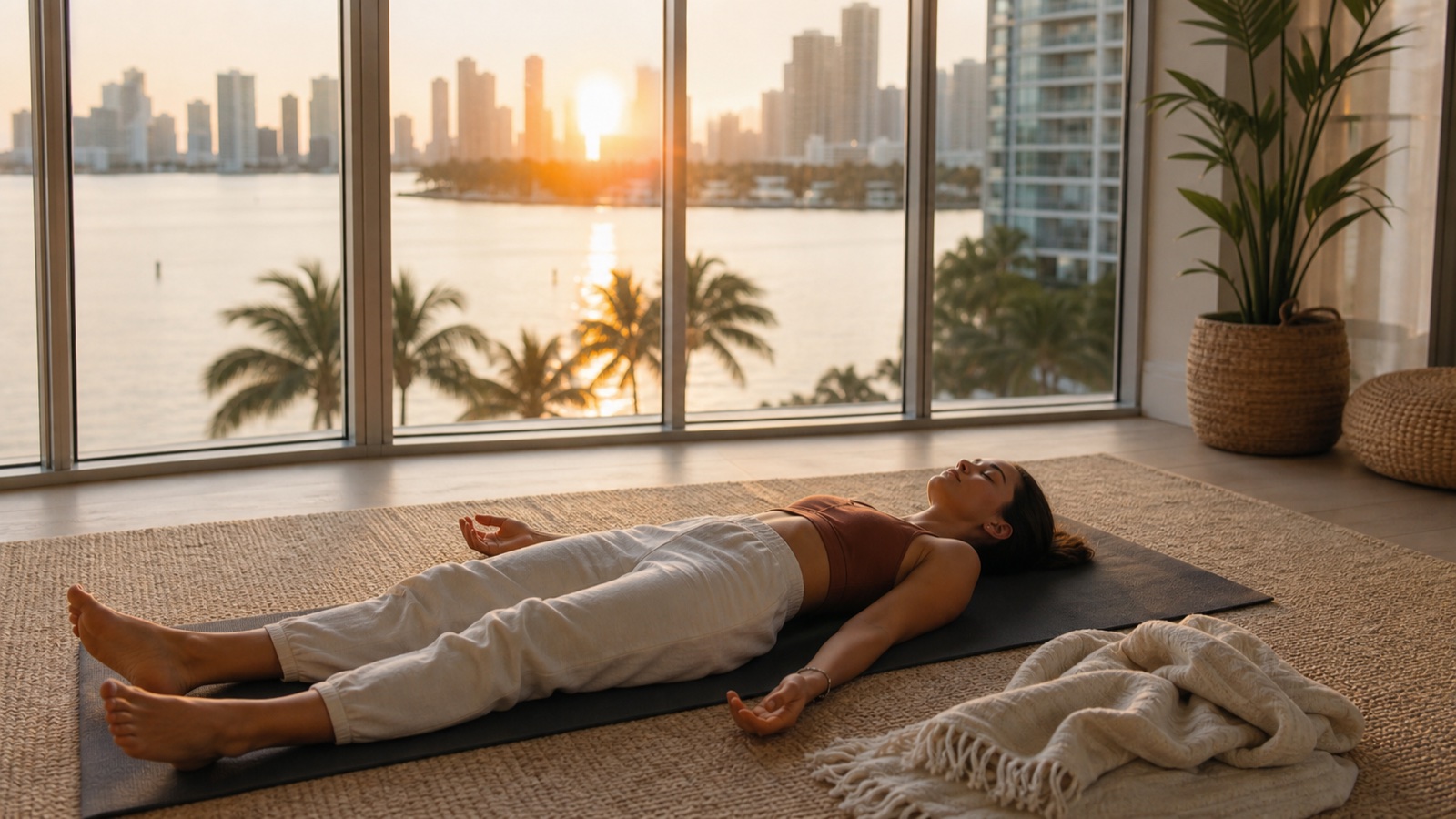 Person resting after breathwork for stress in Downtown Miami with bay and skyline views