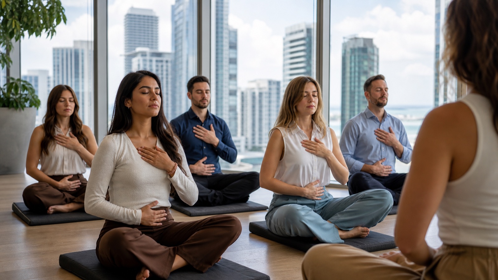 Corporate breathwork session in a Brickell Miami office with instructor shown from behind only