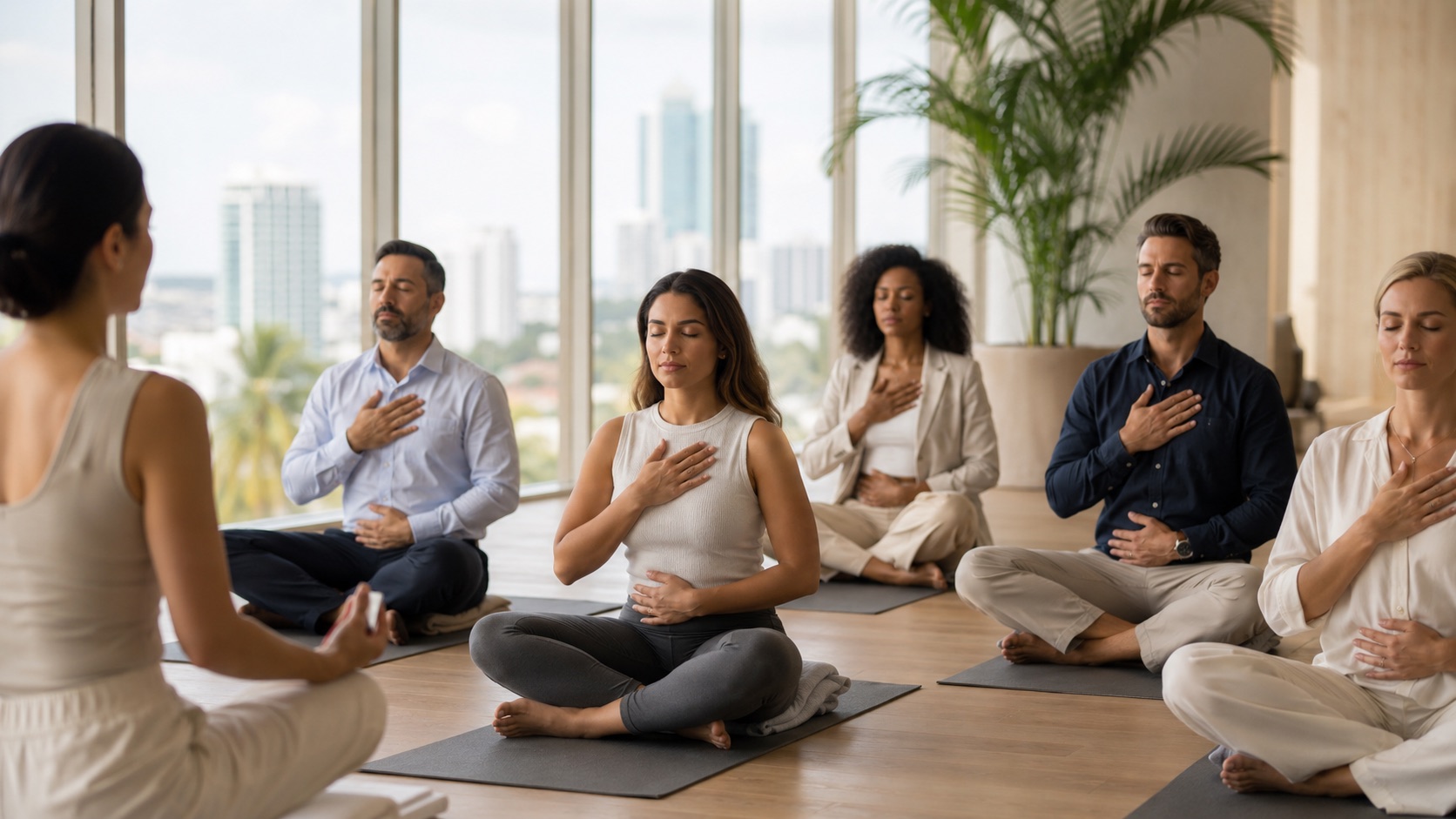 Corporate breathwork session in Miami for workplace wellness and team connection