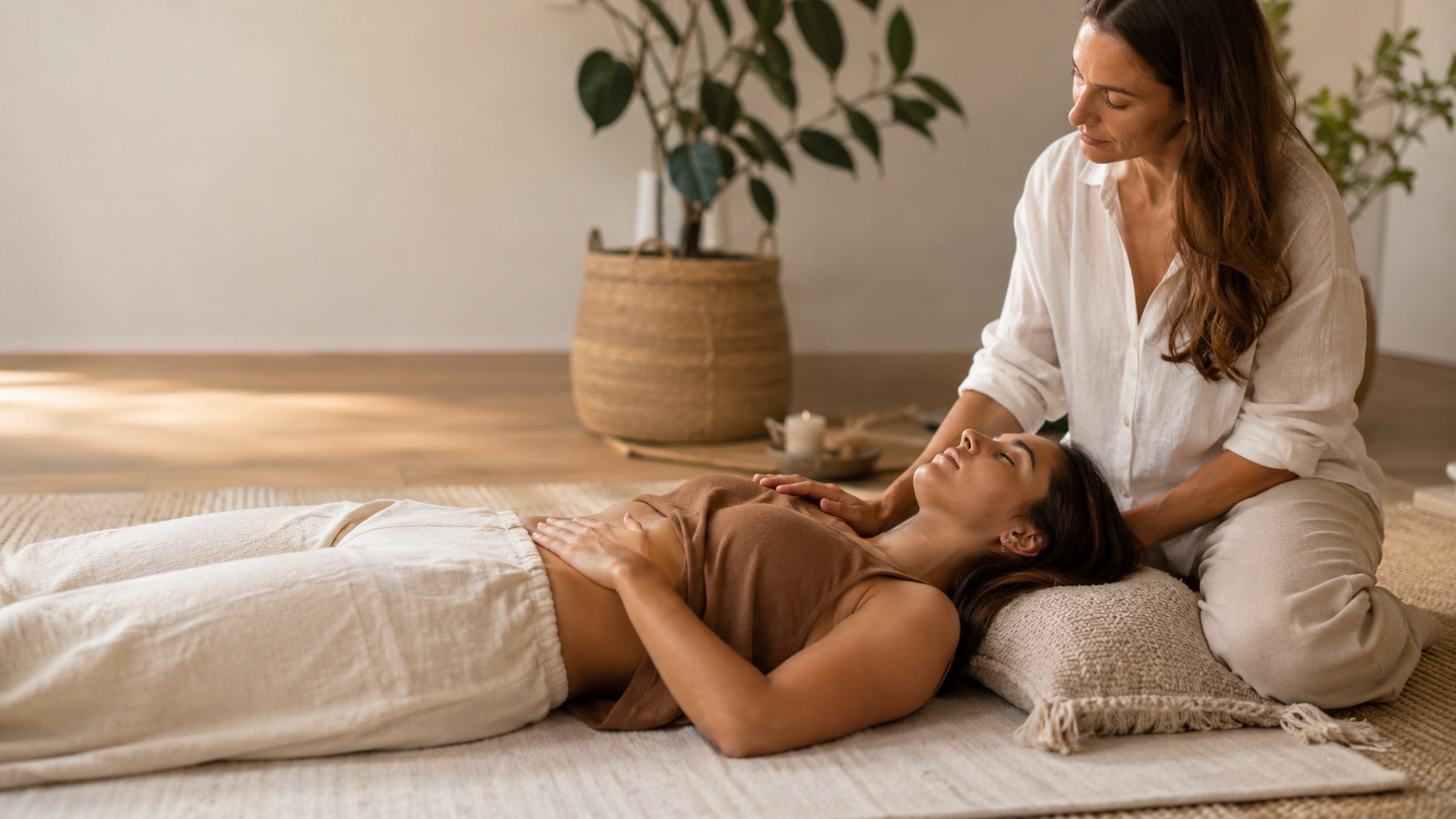 Guided breathwork facilitator supporting a beginner during a safe breathwork session in Miami