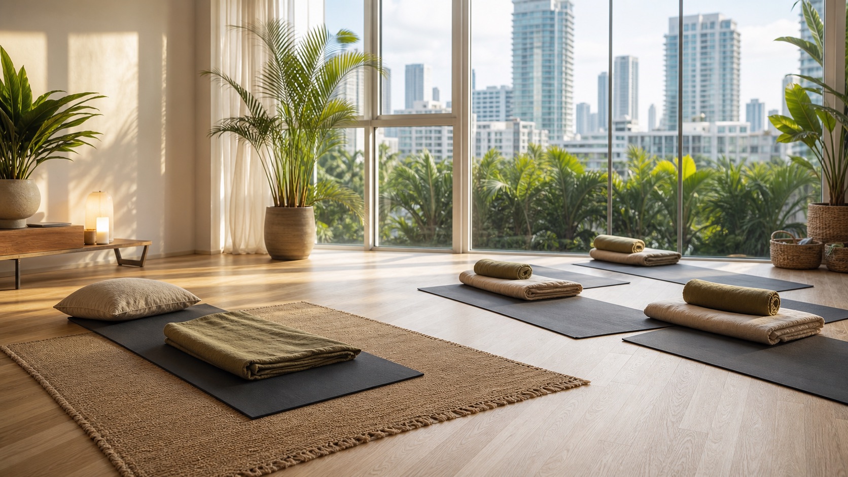 Private breathwork mat and small group breathwork setup in a bright Miami wellness studio