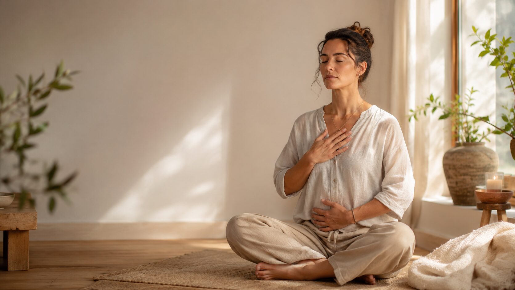 Woman practicing guided breathwork in Miami for nervous system regulation and self-connection