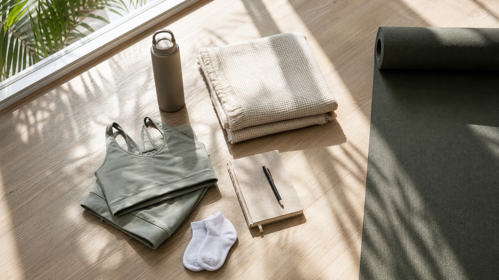 Comfortable clothing, water bottle, blanket, journal, socks, and yoga mat prepared for a Miami breathwork session