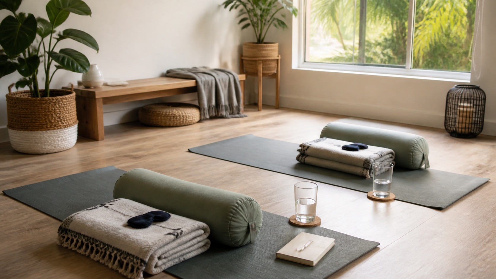 Prepared private breathwork session space with mats and bolsters in Miami