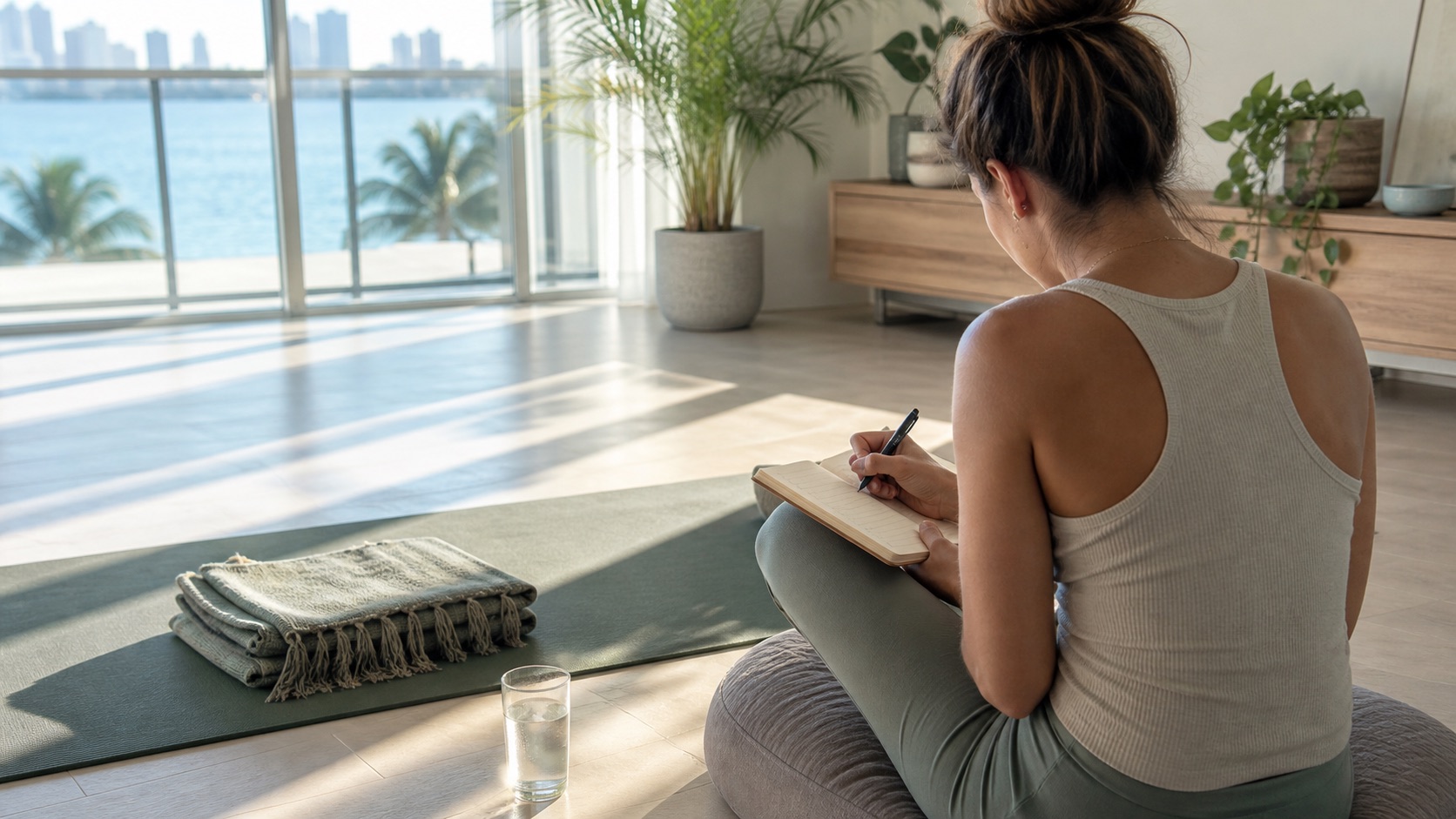 Woman journaling after a regular breathwork practice in a Miami home