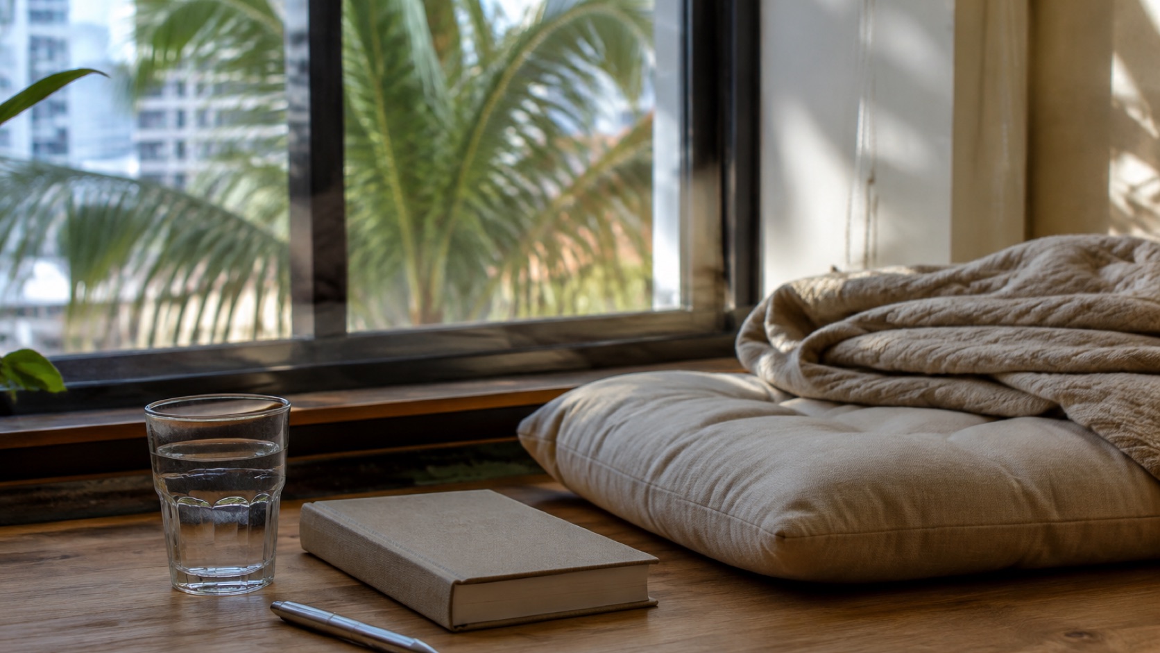 Journal, water, blanket, and cushion prepared for reflection after breathwork in Miami
