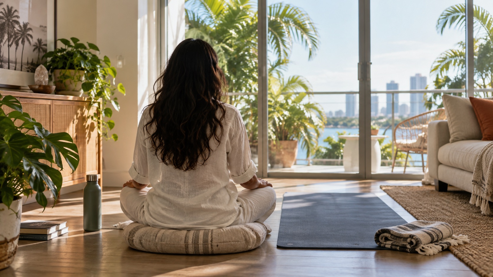 Participant seen from behind seated on a meditation cushion beside a mat in a sunlit room