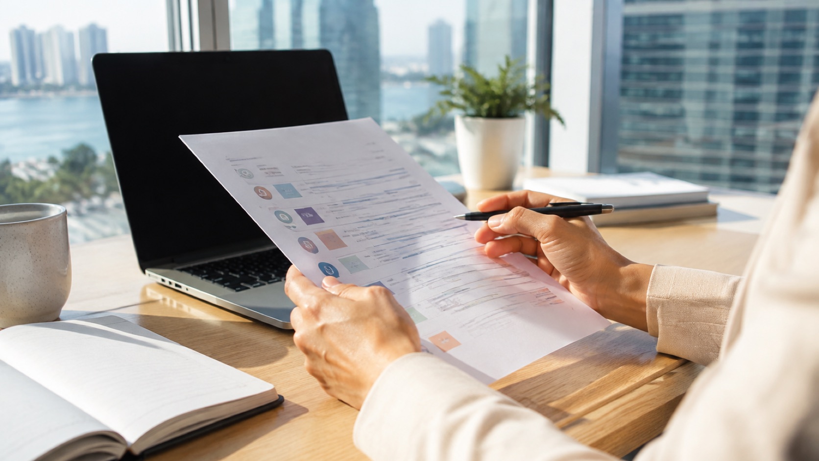 HR planner reviewing a corporate breathwork workshop checklist in a Miami office