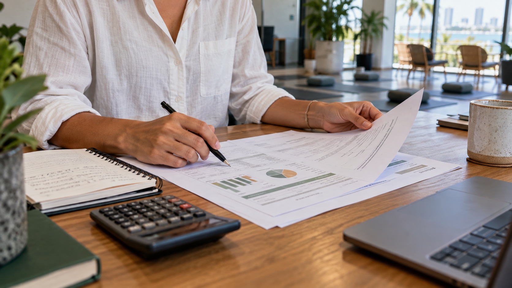 Planner's hands reviewing workshop documents beside a notebook and calculator on an office desk