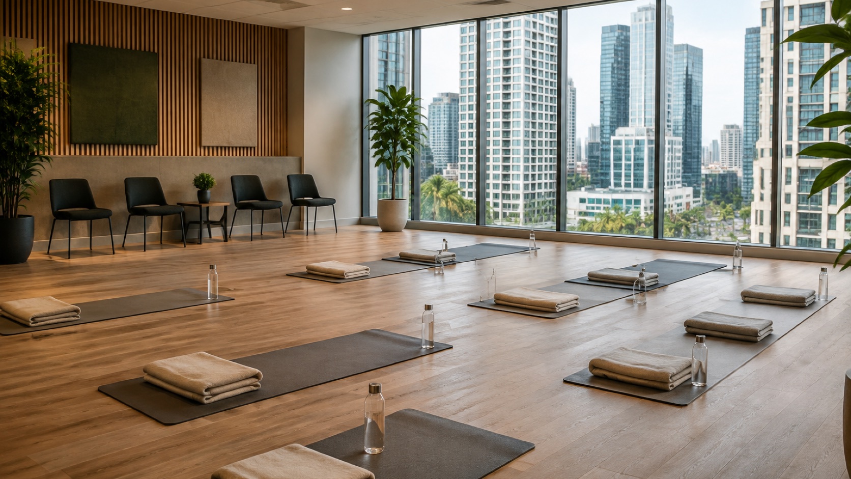 Miami office room prepared with mats and chairs for a corporate breathwork workshop