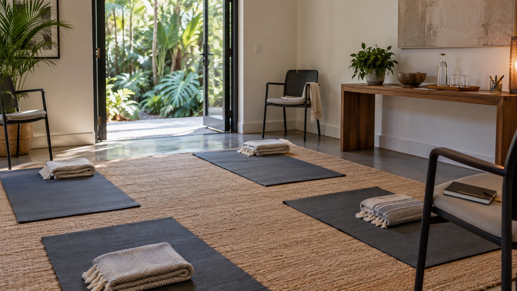 Four mats, folded blankets, and chairs in a quiet retreat room beside a tropical garden