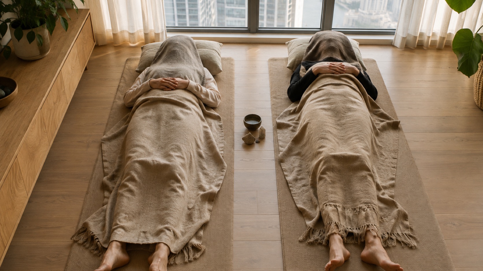 Two participants resting on separate mats during a couples breathwork session in Miami