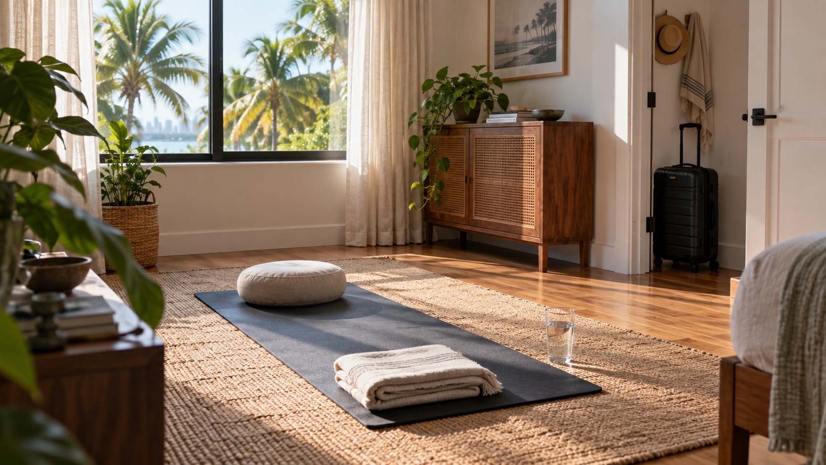 Mat, cushion, folded blanket, and water in a private room with a suitcase by the doorway