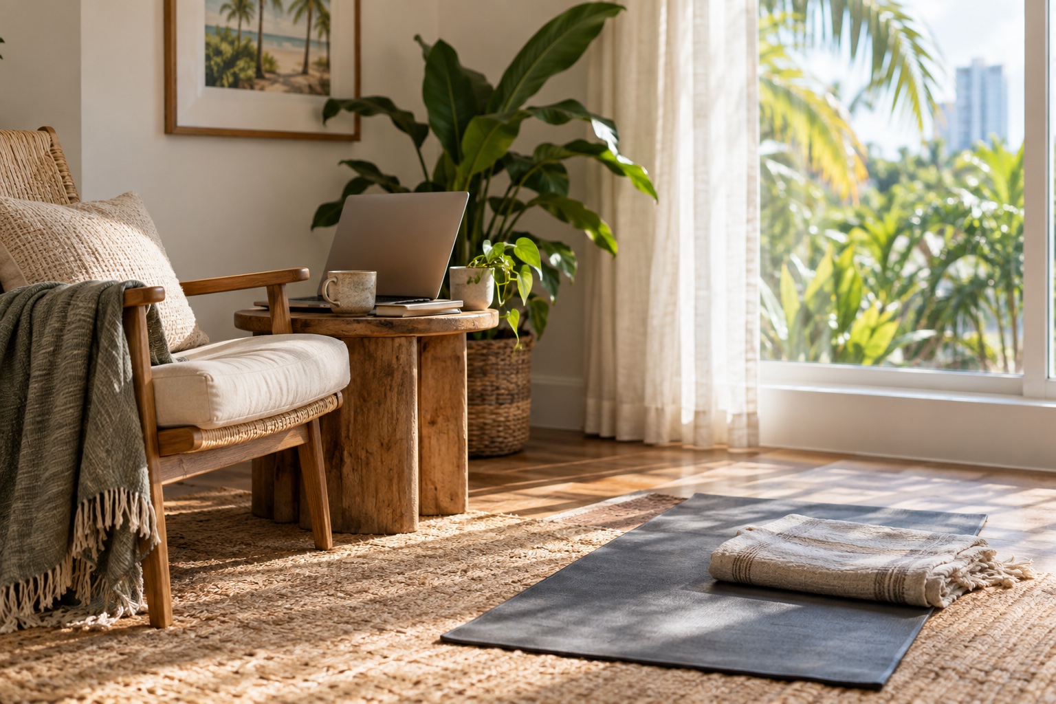 Quiet home setting with a laptop, comfortable chair, and breathwork mat in natural light