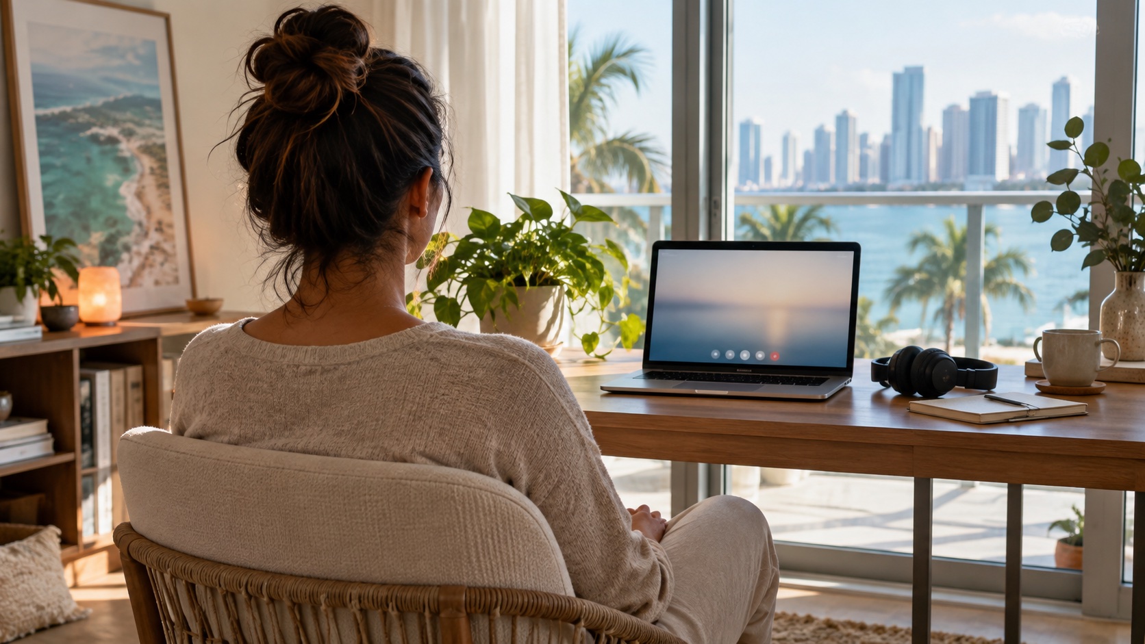 Participant viewed from behind in a comfortable chair facing a laptop in a bright home workspace