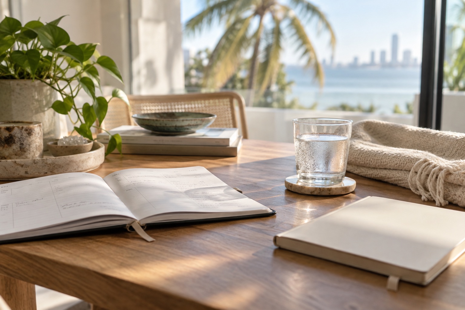 Open planner and notebook beside a folded blanket and water glass in a sunlit room