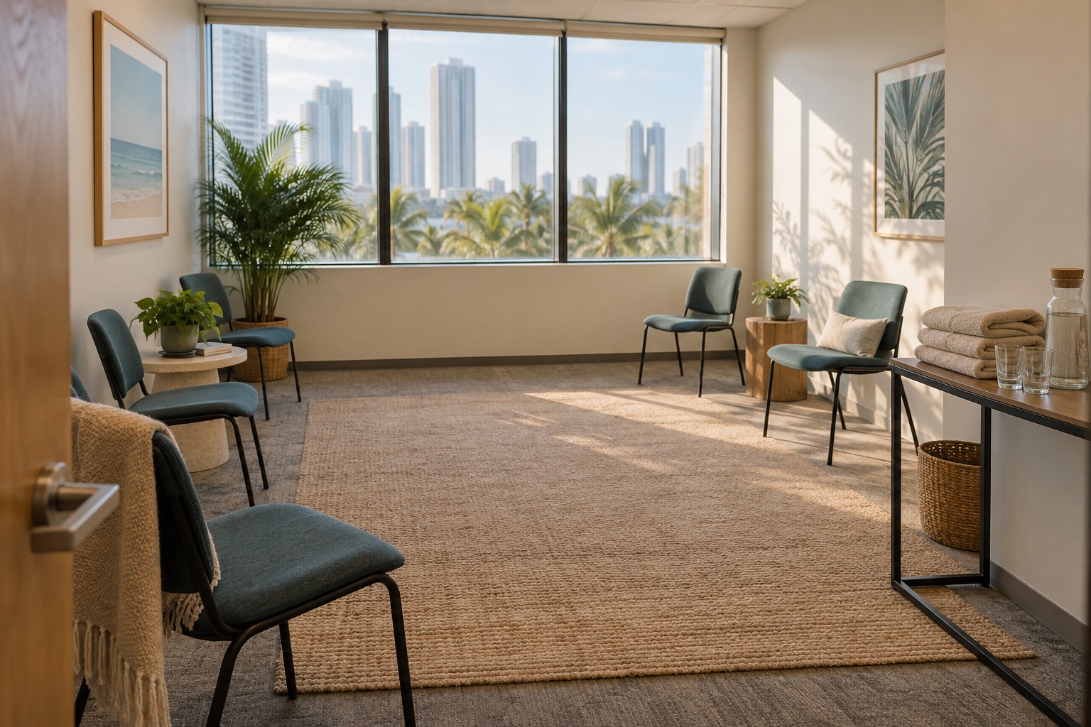 An empty office meeting room in natural daylight with chairs and folded blankets on a side table