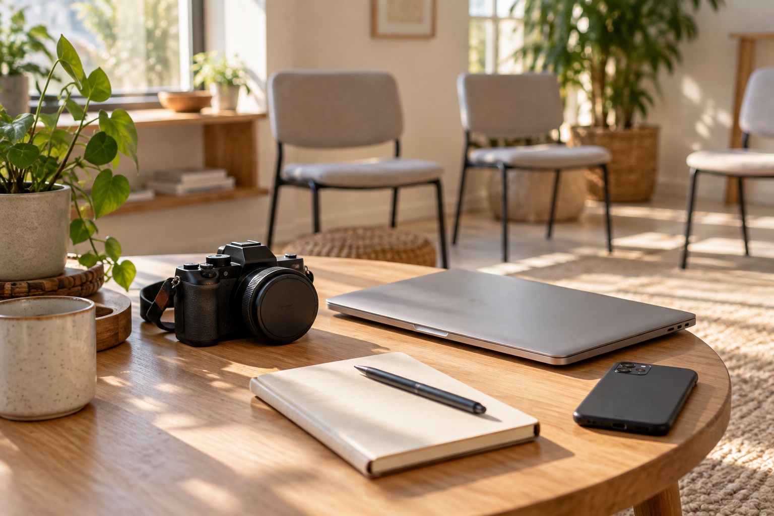 A camera with its lens cap on beside a closed laptop and notebook on an office side table