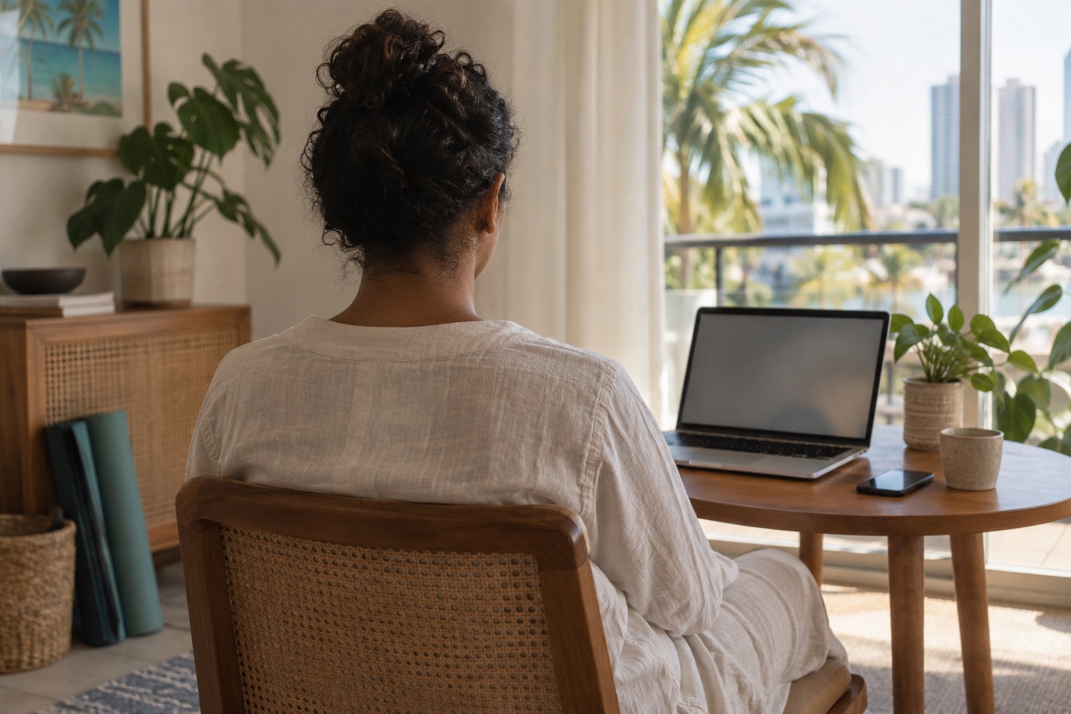 Adult participant seen from behind beside a laptop and mat in a sunlit home