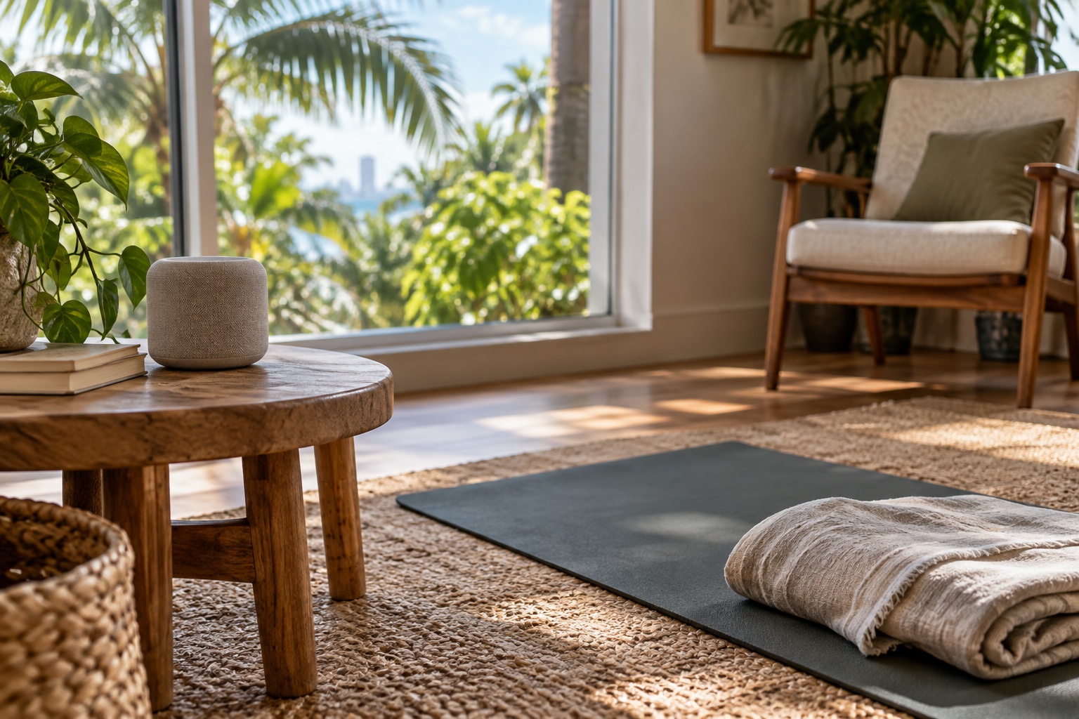 Small speaker on a wooden table beside a mat and folded blanket in a sunlit room