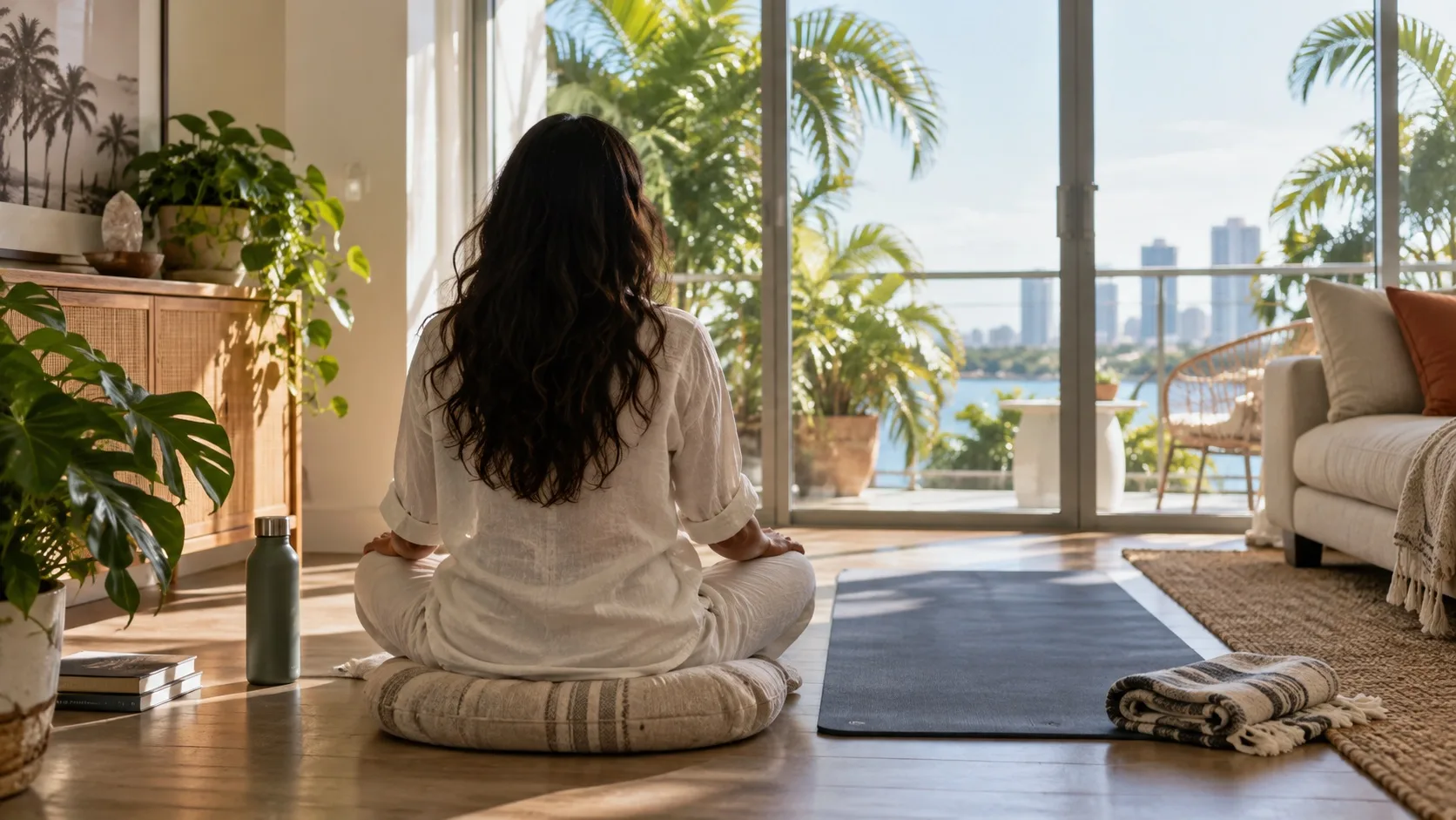 Participant seen from behind seated on a meditation cushion beside a mat in a sunlit room