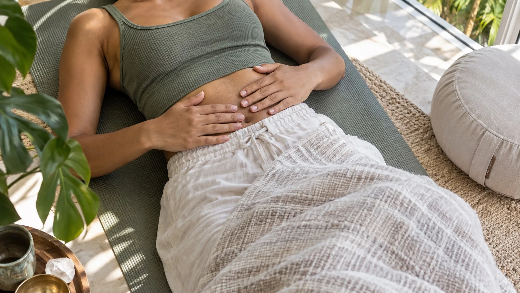 Close view of a reclining participant's hands resting on their abdomen beneath natural window light
