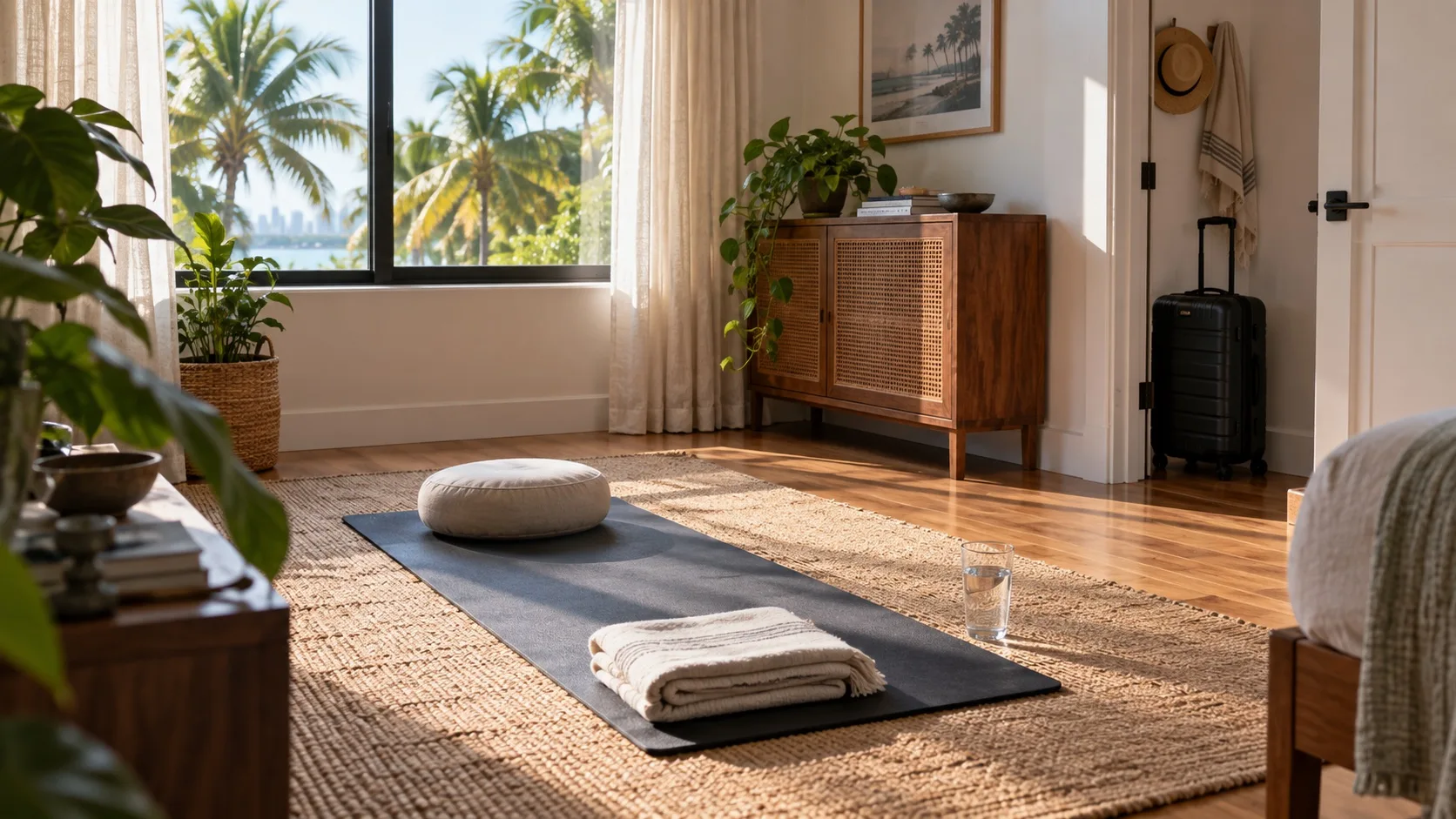 Mat, cushion, folded blanket, and water in a private room with a suitcase by the doorway